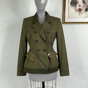 Altuzarra Olive Green Double-Breasted Peplum Quilted Officer Blazer Jacket